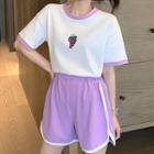 Set: Two-tone Short-sleeve Printed T-shirt + Two-tone Elastic-waist Sweatshorts