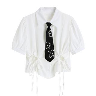 Short-sleeve Drawstring Crop Shirt / Beaded Tie