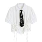 Short-sleeve Drawstring Crop Shirt / Beaded Tie