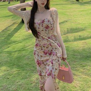 Spaghetti Strap Floral Print Sheath Dress / Lace Jacket