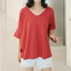 Elbow Sleeve V-neck Loose Fit T-shirt