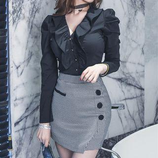 Ruffle Blouse / Plaid Mini Pencil Skirt