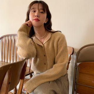 Collared Fluffy Long-sleeve Cardigan Beige - One Size