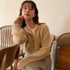 Collared Fluffy Long-sleeve Cardigan Beige - One Size