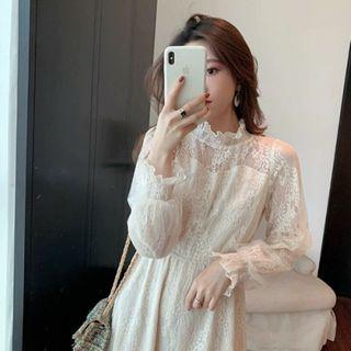Mock-turtleneck Balloon-sleeve Midi A-line Lace Dress