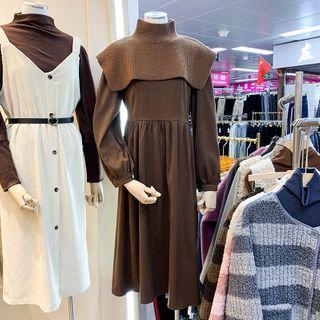 Set: Long-sleeve Midi A-line Dress + Knit Shawl Set - Coffee - One Size