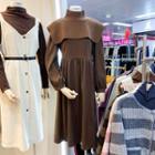 Set: Long-sleeve Midi A-line Dress + Knit Shawl Set - Coffee - One Size