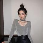 Long-sleeve Choker-neck T-shirt