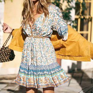 Long-sleeve Patterned V-neck Mini Dress