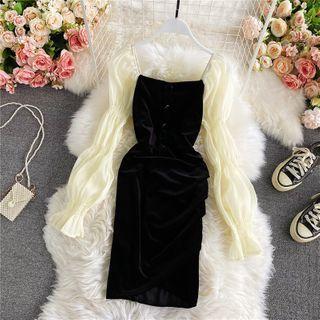 Puff Long-sleeve Color-block Velvet Dress
