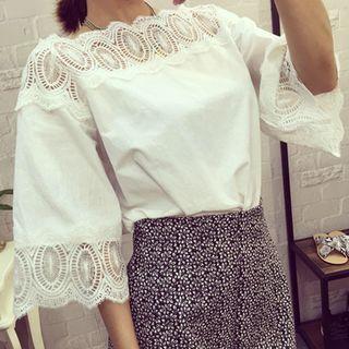 Set: Lace Panel Elbow-sleeve Top + Shorts
