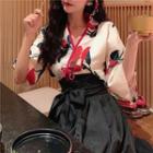 Flower Print Elbow-sleeve Top / High Waist A-line Skirt