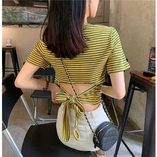 Open Tie-back Striped Crop T-shirt