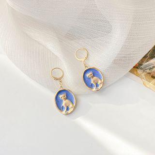 Cat Alloy Dangle Earring 1 Pair - Purplish Blue & Gold - One Size