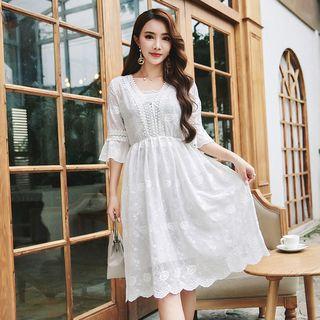 Elbow-sleeve Lace Midi Chiffon Dress