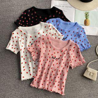Short Sleeve Strawberry Print Frill Top