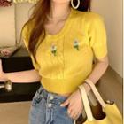 Short-sleeve Floral Embroidered Knit Crop Top Floral Embroidery - Yellow - One Size
