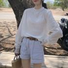 Long-sleeve Lace-trim Blouse White - One Size