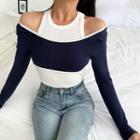 Long-sleeve Cold-shoulder Two Tone Top
