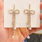 Rhinestone Bow Faux Pearl Fringed Earring 1 Pair - As Shown In Figure - One Size