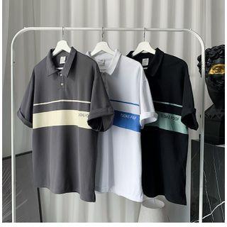 Polo Collar Striped Printed Letter Top