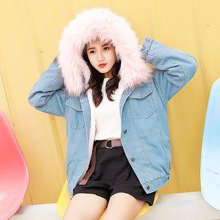 Faux Leather Trim Hooded Denim Jacket