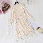 Set: Balloon-sleeve Cable Knit Sweater Dress + Spaghetti Strap Floral Embroidered Mesh Dress