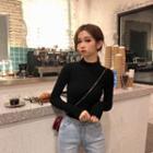 High Neck Long-sleeve Plain T-shirt