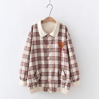 Reversible Cartoon Embroidered Plaid Shirt Jacket