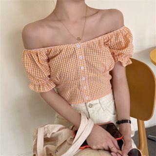 Off-shoulder Cropped Gingham Blouse