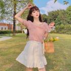 V-neck Short-sleeve Plaid Top / A-line Skirt