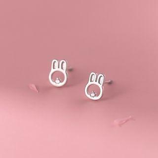 Rhinestone Rabbit Stud Earring 1 Pair - S925 Silver - Silver - One Size