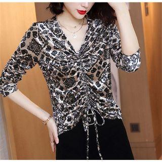 Printed Drawstring Long-sleeve Top