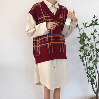 Plain Shirtdress / Plaid Knit Vest
