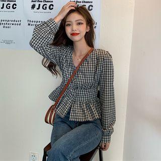 Gingham Peplum Blouse As Shown In Figure - One Size