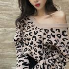 V-neck Leopard Print Sweater / Slit-front Midi Skirt