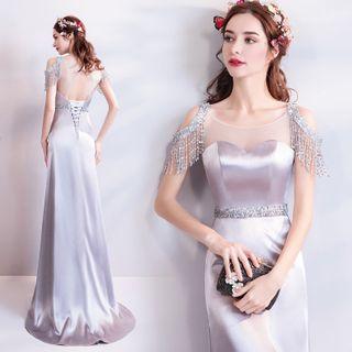 Cutout Back Short-sleeve Sheath Evening Gown