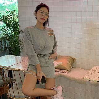 Set: Distressed Pullover + Mini Skirt Gray - One Size