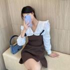Long-sleeve Collared Mini A-line Dress Coffee - S