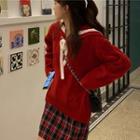 Sailor Collared Long-sleeve Cable Knit Sweater Red - One Size