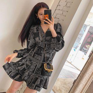 Frill-trim Paisley Print Wrap Dress