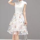 Mandarin Collar Lace Panel Short-sleeve A-line Dress