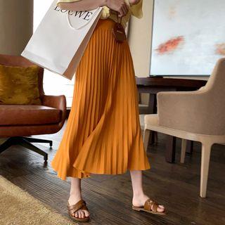 Knitted Midi Accordion Pleat Skirt Orange Yellow - One Size