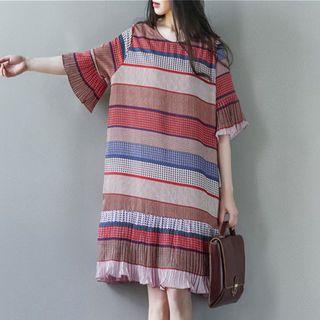 Elbow-sleeve Pleated-trim Print Shift Dress