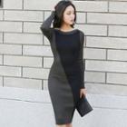 Color Panel Midi Knit Sheath Dress Gray + Black - One Size