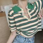 Short-sleeve Lapel Striped Knit Top Green - One Size