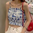 Spaghetti Strap Patterned Crop Top / Plain Straight-fit Pants