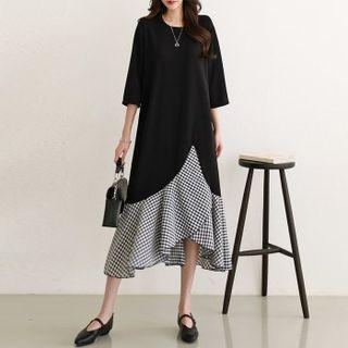 Gingham-panel Ruffle-hem Long Dress