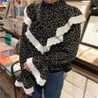 Heart Print Lace Trim Chiffon Top
