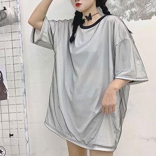 Mesh Overlay Elbow-sleeve T-shirt As Shown In Figure - One Size